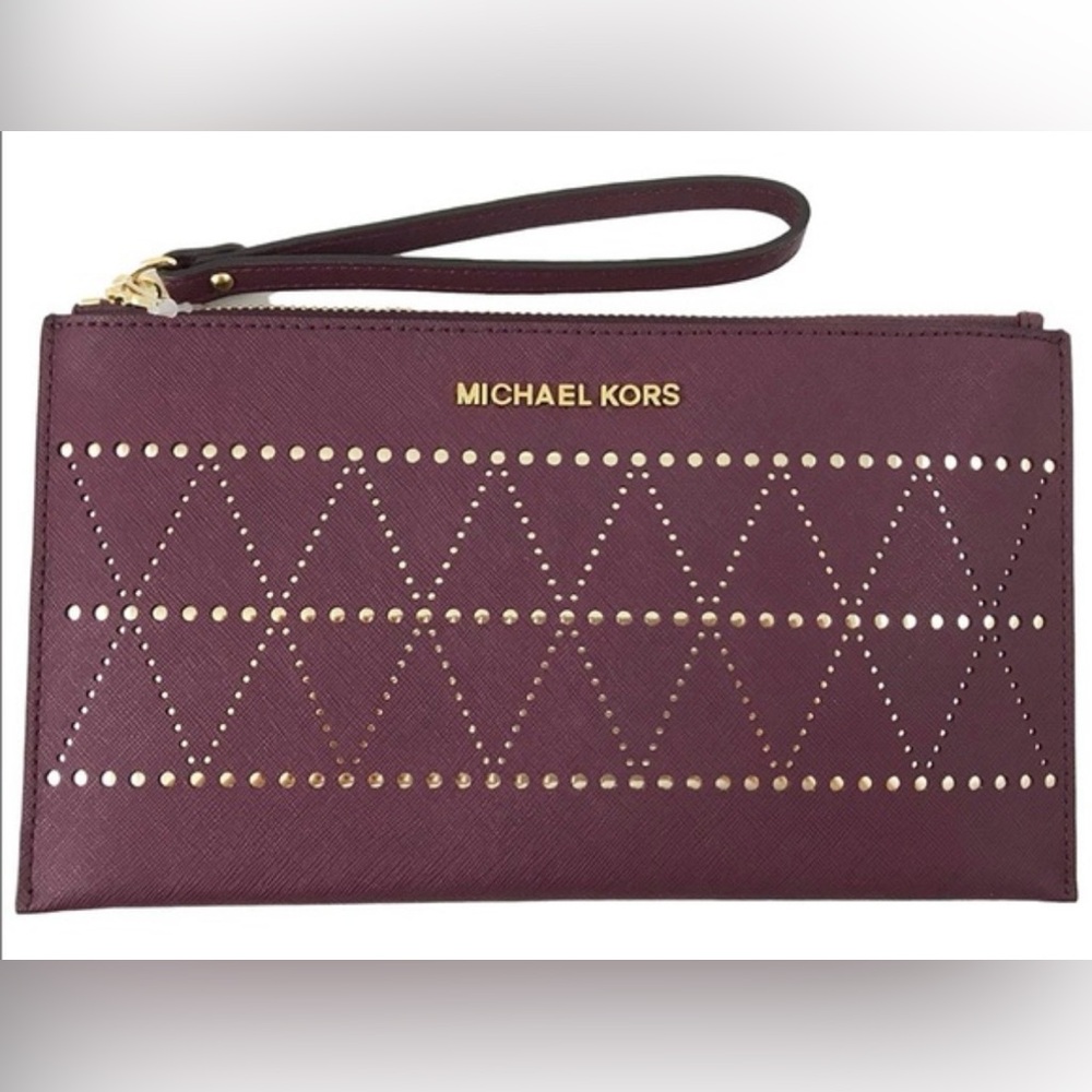 Michael Kors Jet Set Wristlet Clutch Plum with Gold Accents